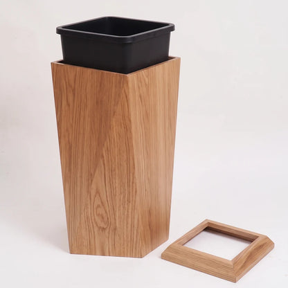 Wood-Grain Trash Can, Tapered Square Wastebasket with Flap Lid