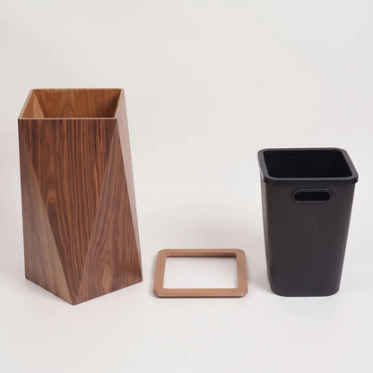 Wood-Grain Trash Can, Tapered Square Wastebasket with Flap Lid