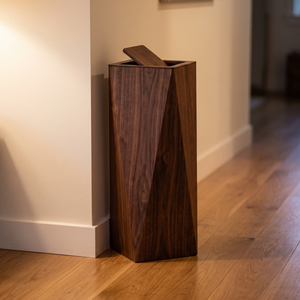 Wood-Grain Trash Can, Tapered Square Wastebasket with Flap Lid