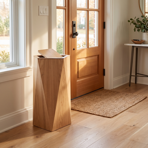 Wood-Grain Trash Can, Tapered Square Wastebasket with Flap Lid