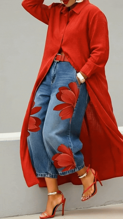 Red Flower - Comfortable Shirt Midi and Jeans Outfit