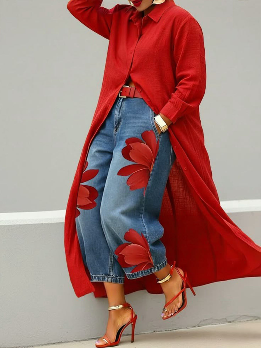 Red Flower - Comfortable Shirt Midi and Jeans Outfit