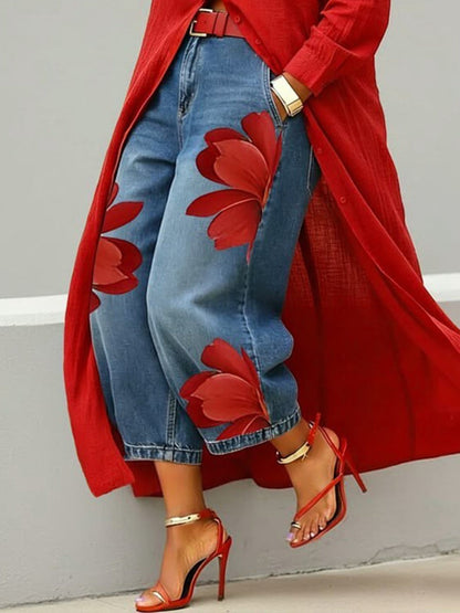 Red Flower - Comfortable Shirt Midi and Jeans Outfit