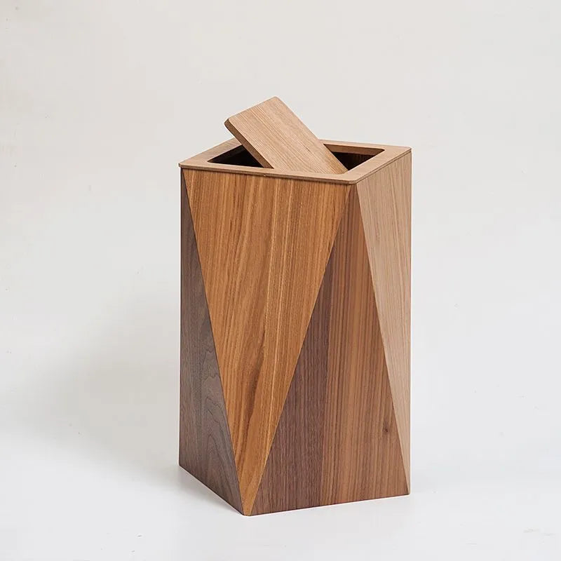 Wood-Grain Trash Can, Tapered Square Wastebasket with Flap Lid