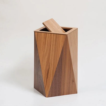 Wood-Grain Trash Can, Tapered Square Wastebasket with Flap Lid