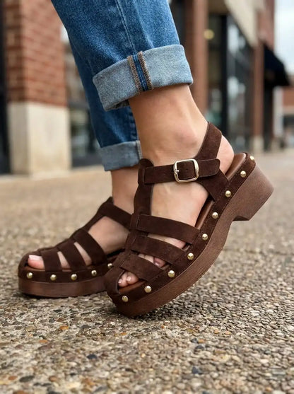 Faux Suede Sandals with Studs - Comfortable Sandals