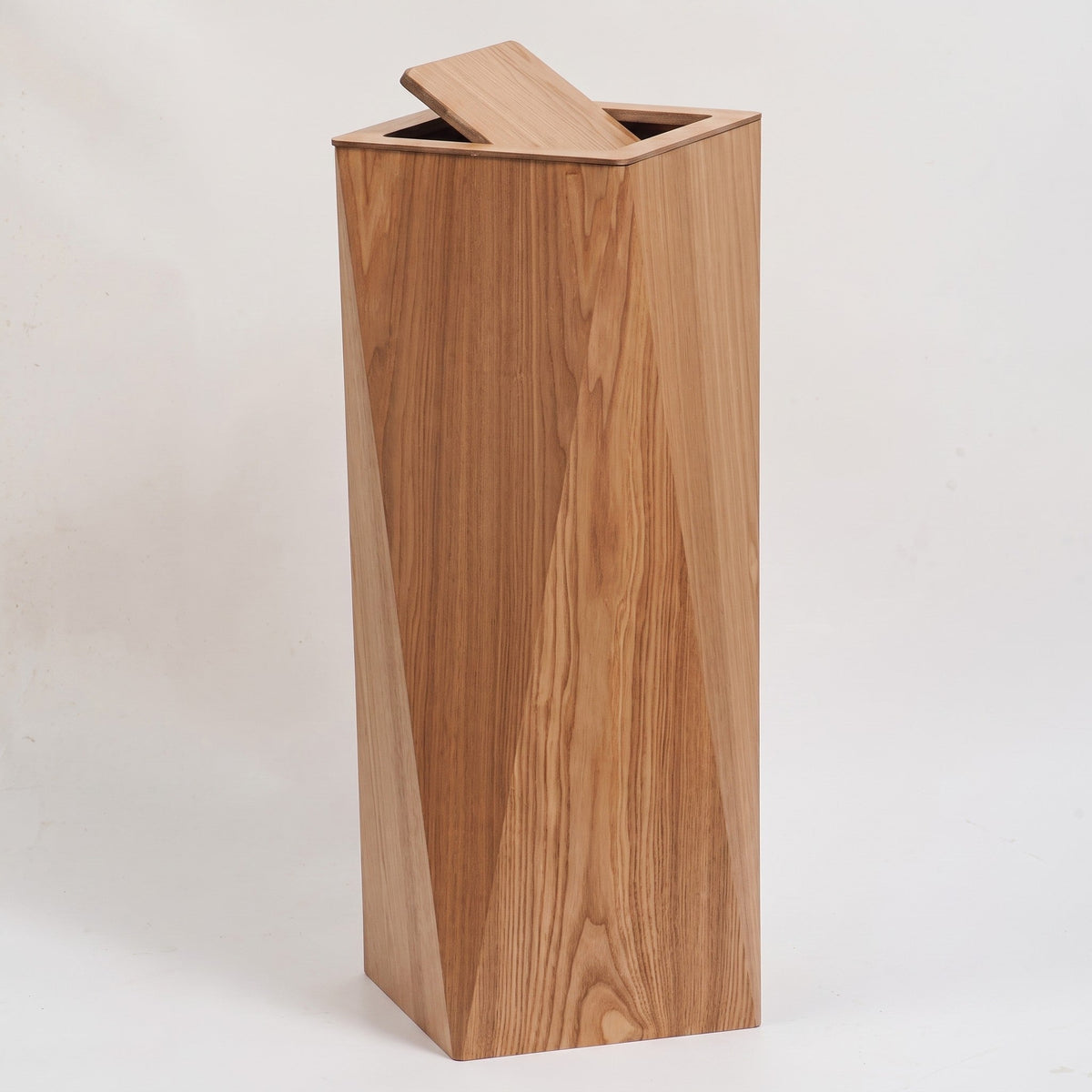 Wood-Grain Trash Can, Tapered Square Wastebasket with Flap Lid